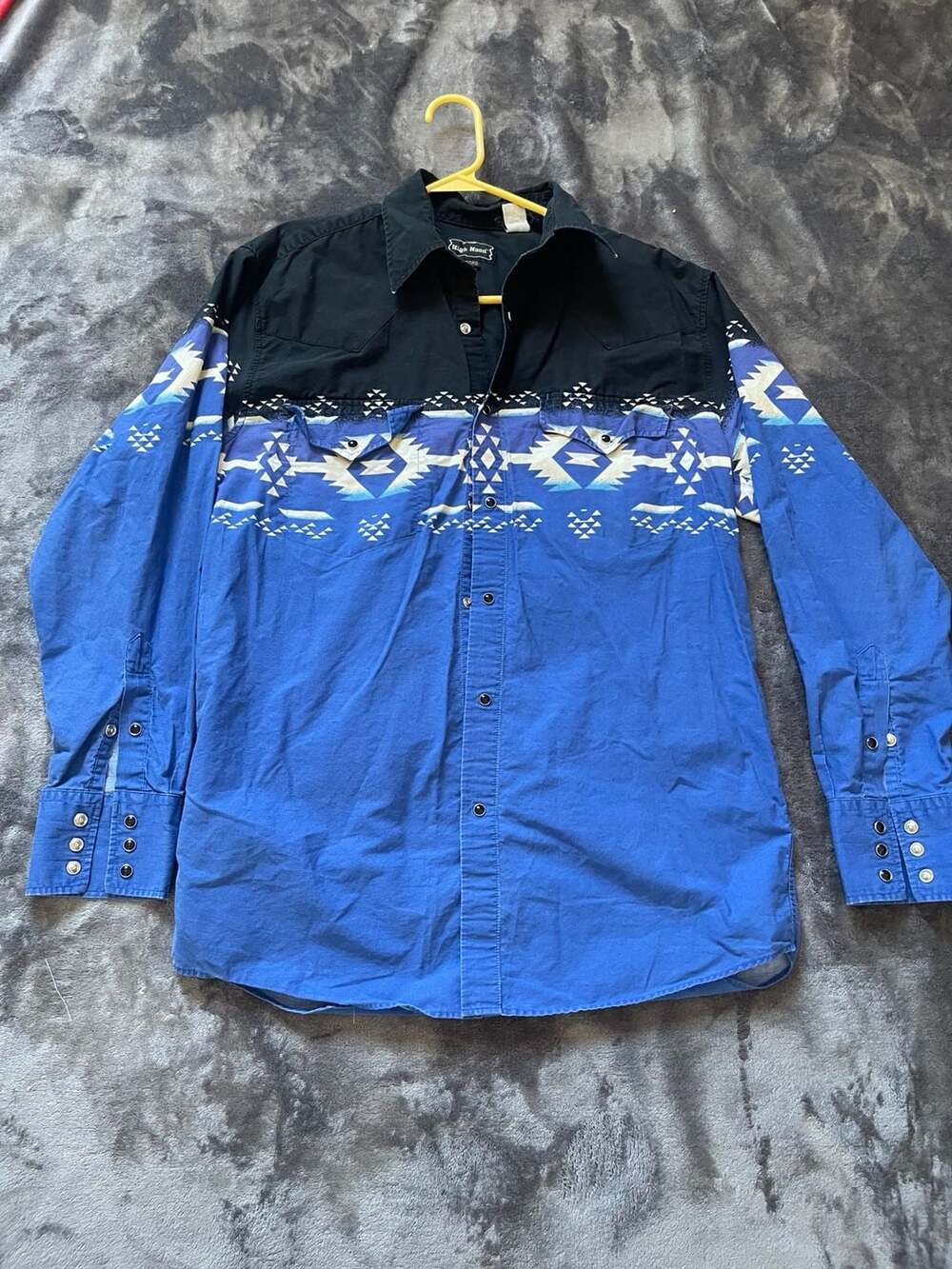 High Noon Vintage Western Pearl Snap Shirt Aztec Geometric Print Blue Black M